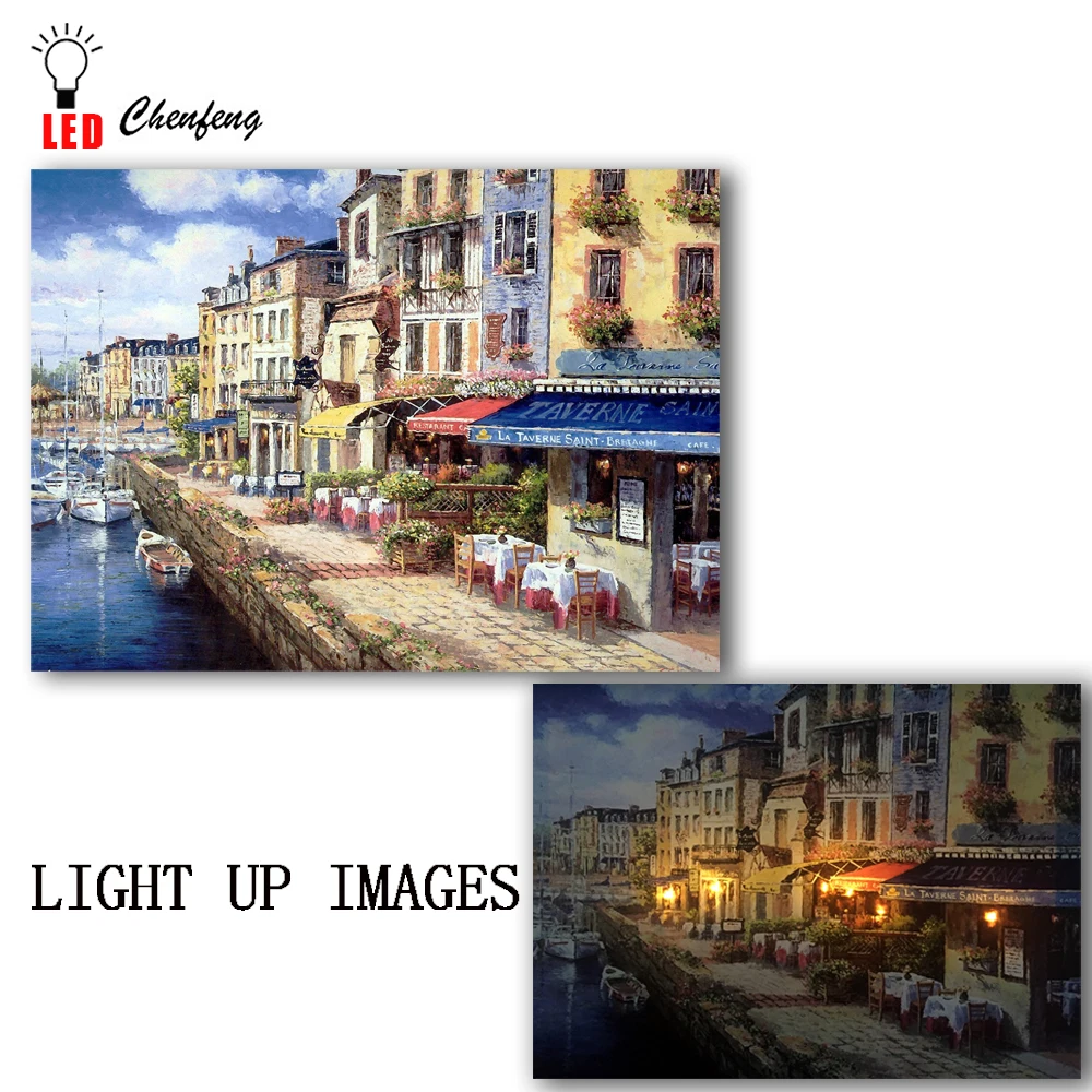 Preise Led Leinwand öl malerei Städtischen cafe mit Antike Shop Straße Szene wand bild beleuchtet leinwand druck licht up wand kunst decor