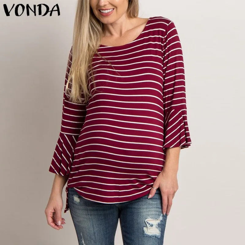 

VONDA Maternity Clothes 2019 Pregnant Women Casual Loose Tee Tops Striped Cotton Spandex T-shirts Flare Sleeves Plus Size 5XL