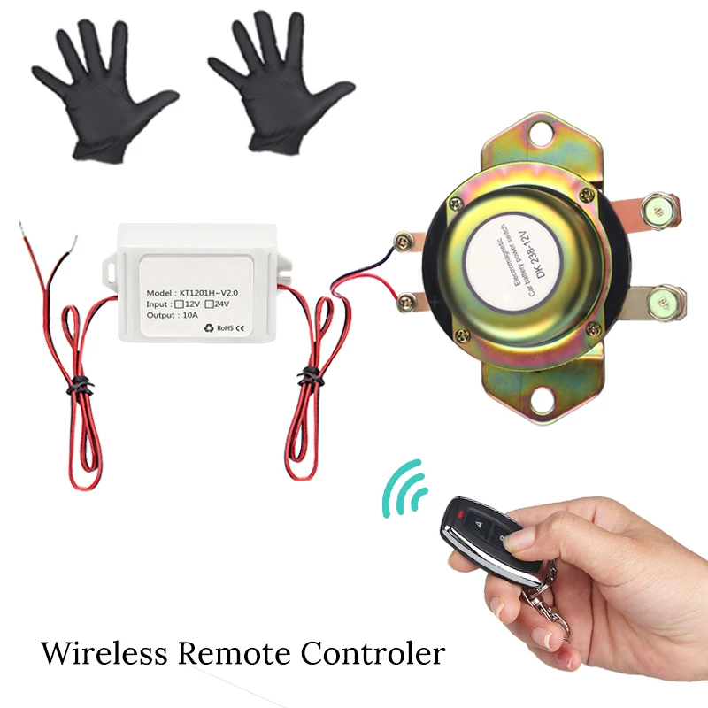 

Car Battery Switch 12V Auto Electromagnetic Solenoid Disconnect Latching Relay Power Terminal With Remote Control + Gloves