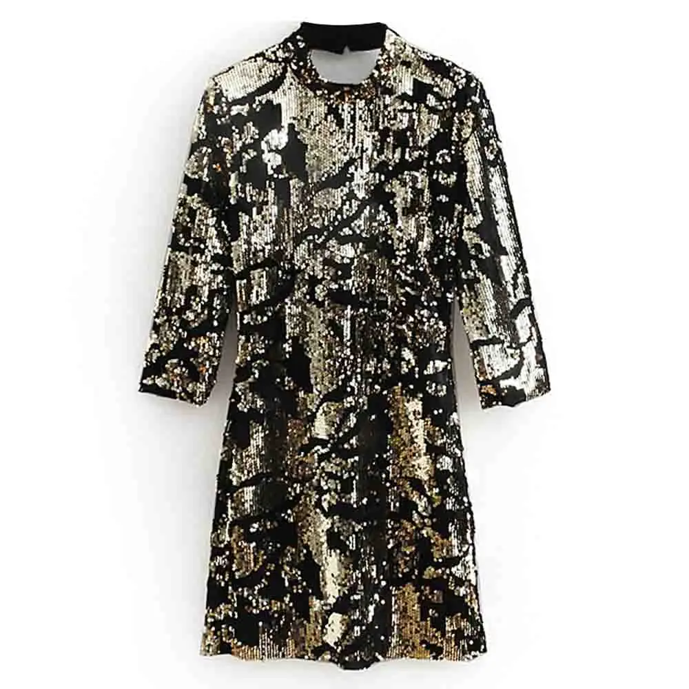 

ANSFX Sexy Bright Sequined Velour Mini Dress Backless Hollow Out Trendy Women Long Sleeve A-Line Velvet Short Dress Party Club