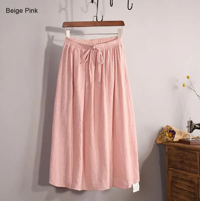 Женская короткая льняная юбка миди с высокой талией, весна, женская повседневная юбка с эластичной талией, бантами и боковыми карманами, 12 цветов, Saia SK46 - Цвет: Beige Pink
