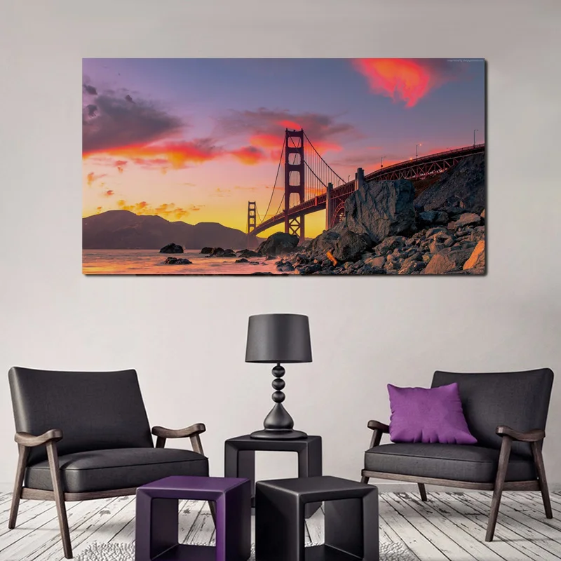 

golden gate bridge san francisco usa autumn sunset nature living room decoration home art decor wood frame fabric poster KG845