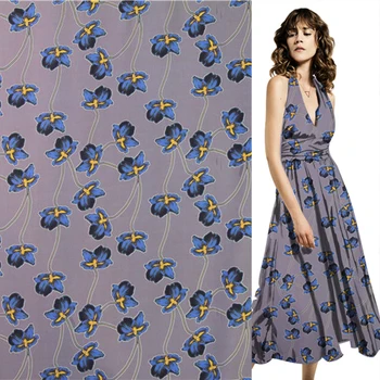 

Blue floral print on gray background silk Crepe DE chine fabric 18momme,SCDC800
