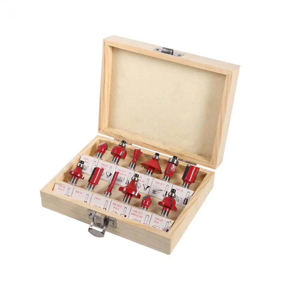 

12Pcs/box Milling Cutter Router Set 8mm Shank Cemented Carbide Router Bit Woodworking Cutter Bit Set in Wood Case Box