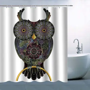 

Personality Bird Owl Pattern Theme Shower Curtain Colorful Lines Owl Standing On Golden Ring White Background Waterproof