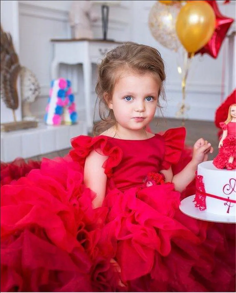 Сказочное платье принцессы с коротким шлейфом для девочек, платье для дня рождения с открытой спиной, Тюлевое платье с цветочным узором для девочек на свадьбу, vestido - Цвет: Красный