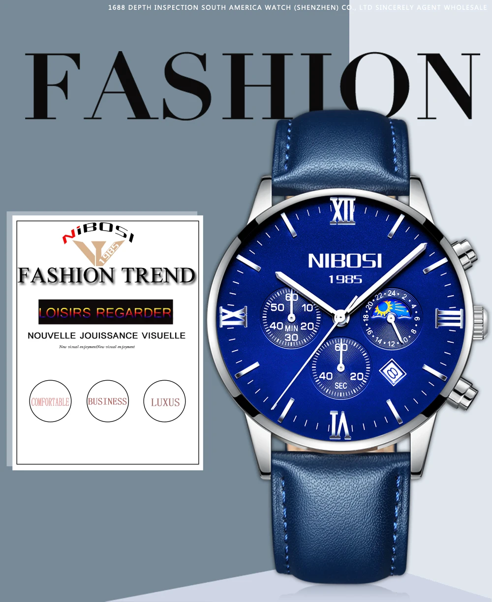 Montre Homme Marque De Luxe NIBOSI 2018 Men Watch Brand Luxury Leather Watch Men Waterproof With Moon Phase Blue Man Clock Saat  (1)