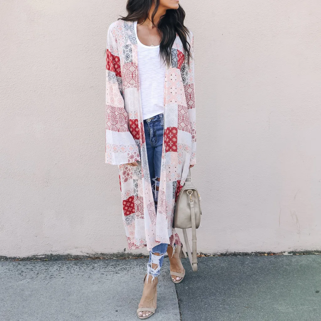 

2019 Women Summer Geometry Block Printing Bikini Cover Up Cardigan Long Smock Blouse Swimsuit Beach Dress Kaftan Beach Pareos