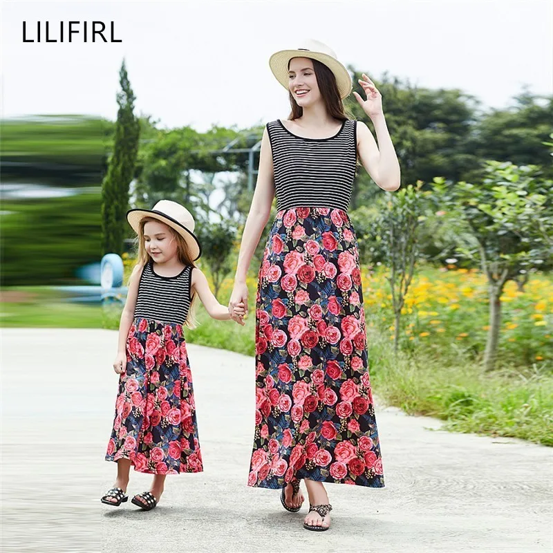 

LILIGIRL 2019 Family Matching Clothes Mother Daughter Dresses Striped Stitching Mommy and Me Dress