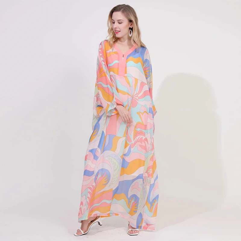 

Summer Beach Loose Dresses 2019 V-neck Batwing Sleeve Dress with Lining Vacation Geometric Print Maxi Long Novelty Dress