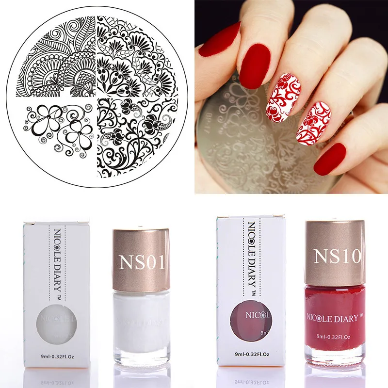 

Nail Art Set Floral Stamp Template with Color Varnish Red White Stamping Polish Flower Image Plate Stamp Tool Kit
