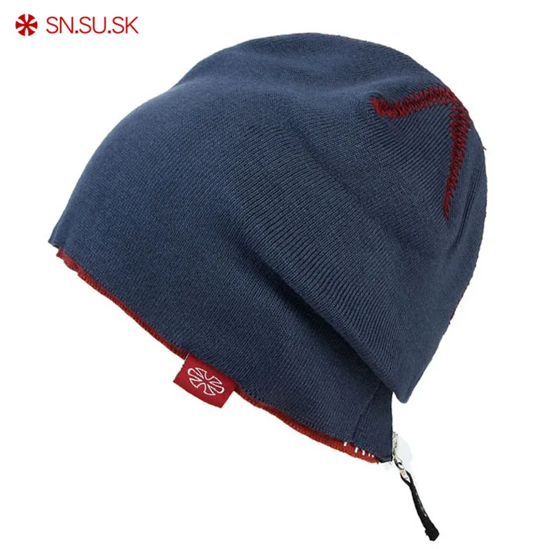 SN. SU. SK модные зимние шляпы, повседневные одноцветные двухслойные шапки на молнии для женщин и мужчин, Вязаные Лыжные шапки Skullies Beanies
