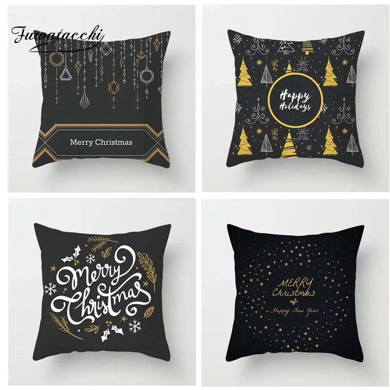 

Fuwatacchi Golden Black Printed Cushion Cover Christmas Deer Tree Snow Pillow Cover Letter Decorative Pillowcase for Home Sofa