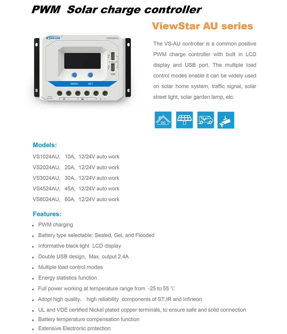 10A VS1024AU 12 В 24 В EPSolar ШИМ Контроллер заряда Регулятор ЖК-подсветки 5 в зарядное устройство для мобильного телефона