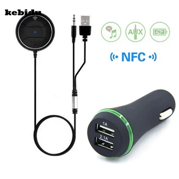 NEW 3.5mm Bluetooth 4.0 HandsFree Stereo Car NFC AUX Kit Music Aux Speakerphone Car Kit with 3.1A Dual USB Car Charger