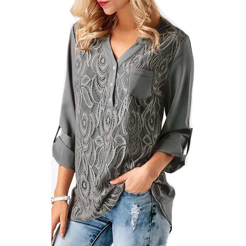 

Hot Blouse new style 2019 lace stitching chiffon V-neck casual sexy long-sleeve pocket womens tops and blouses vestidos OYMWF005