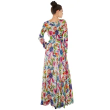 2017 spring dress Tropical flower print sexy V-neck belt slim lantern sleeve pleated dress expansion bottom beach dress