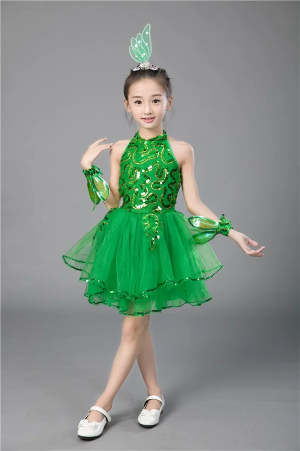Free shipping children performance Green Dance dress Costume Dress 90