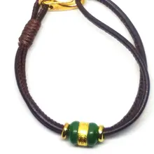 24 К из чистого золота зеленый нефрит Бусины овчины Веревка Браслет Ювелирные изделия с драгоценными камнями