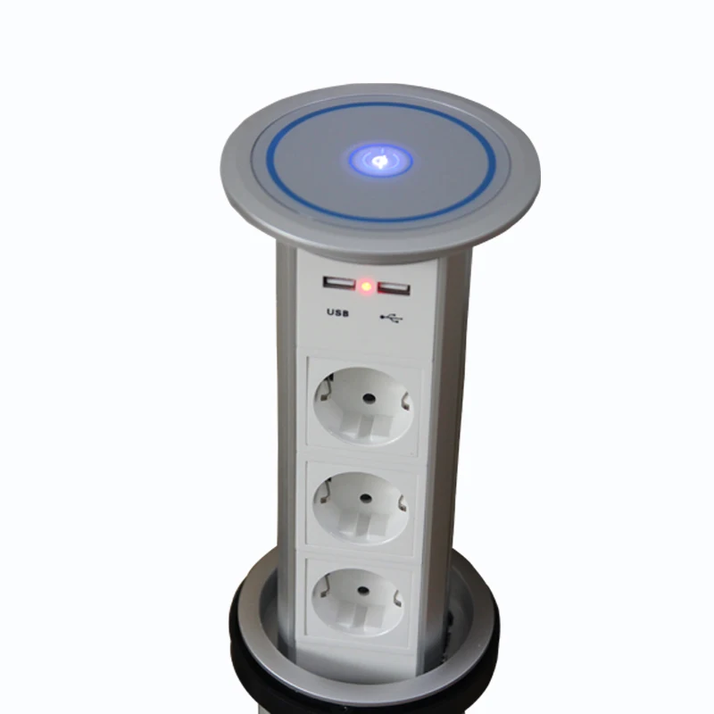 

New Arrival QI Wireless Quick Charger Electrical Motorized Pop up Power Socket 3 Power Outlets and 2 USB Ports