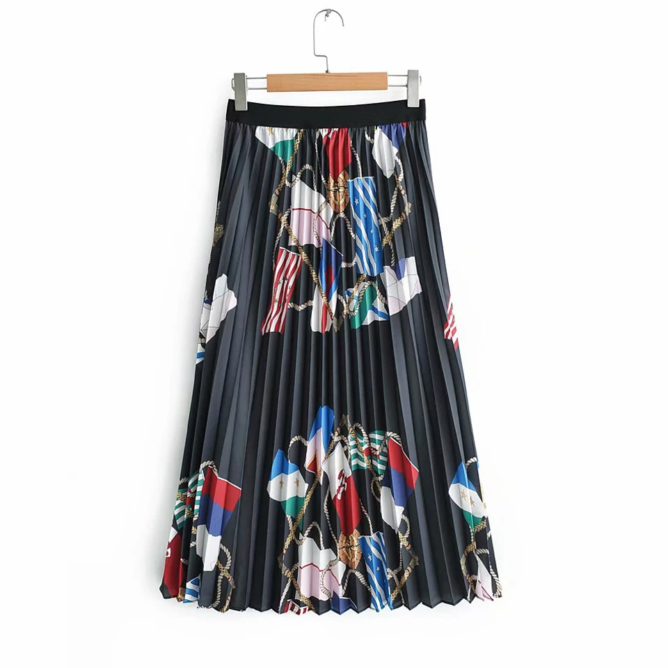 Для женщин Винтаж плиссированные юбки с принтом летние резинка на талии плиссированная юбка High Street Стиль трапециевидной формы до середины икры женский Saias Faldas