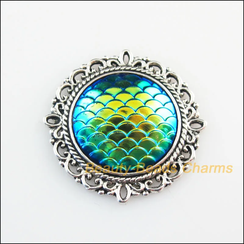 

New 3Pcs Round Flower Scale Resin Tibetan Silver Tone Charms Pendants 31mm