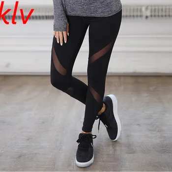 

KLV 2018 Womens athleisure leggings women mesh splice fitness slim black legging sportswear leggins hot bodybuilding Harajuku