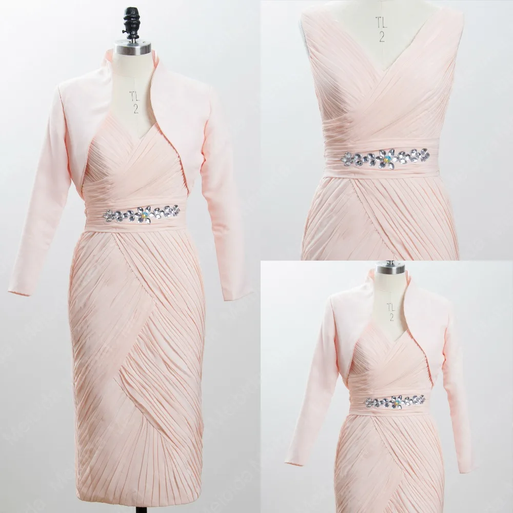Blush Pink Mother of the Bride Dress with Jacket 3/4 Sleeves Beaded V