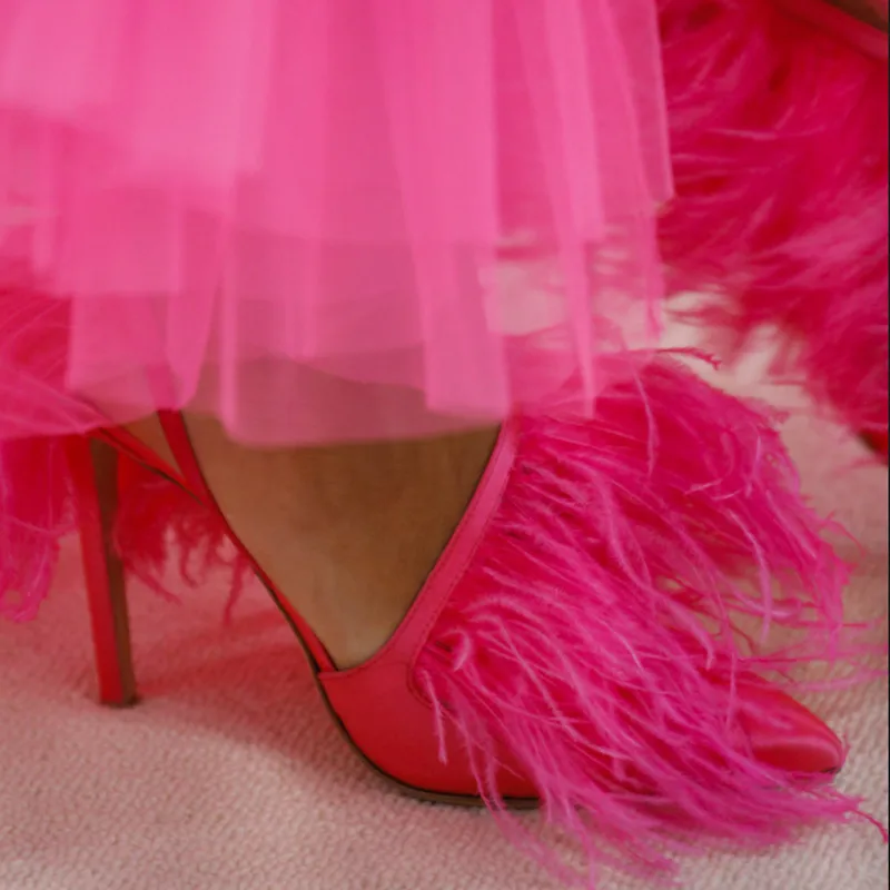 Г. Новые весенние однотонные туфли-лодочки с острым носком и перьями Женская Модная шелковая обувь на высоком каблуке-шпильке с эластичной лентой женская обувь - Цвет: as picture