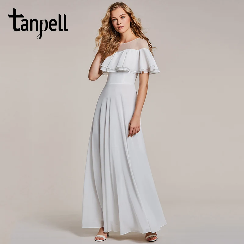 

Tanpell ruffles evening dress white scoop neck short sleeves floor length a line gown cheap women long prom formal evening dress