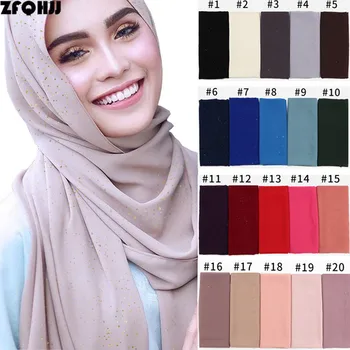 

ZFQHJJ Women Bubble Chiffon Scarf Glitter Sparking Gold Powder Muslim Hijab Head Cover Solid Shawls Plain Scarf Hijabs Scarves