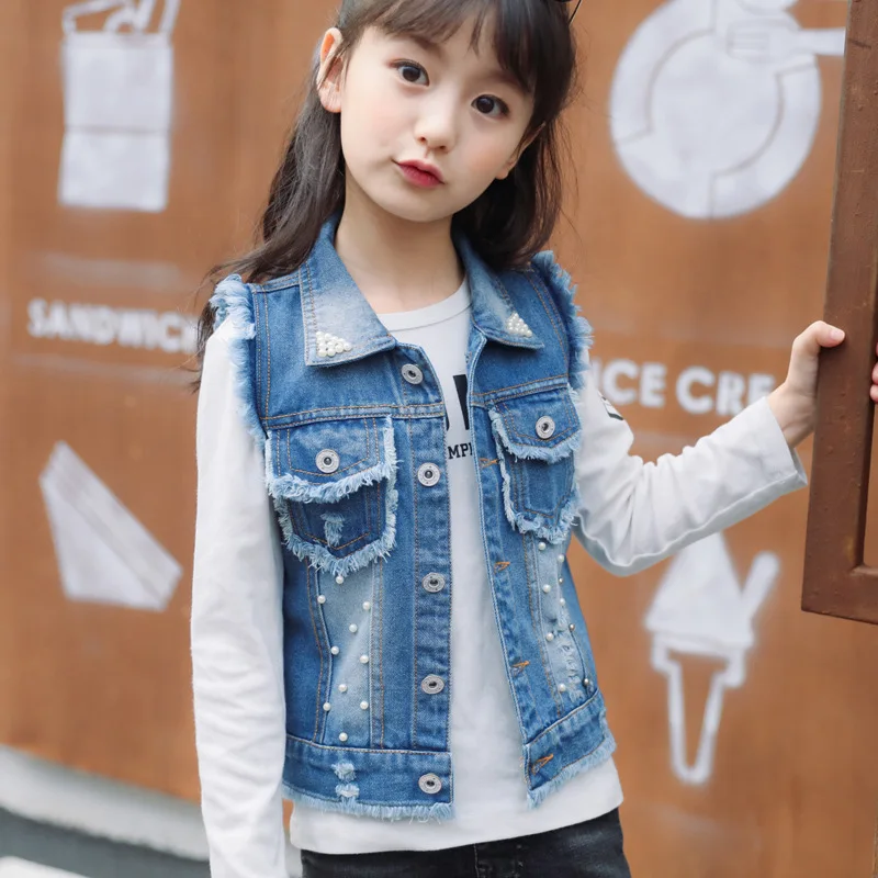 

Children Girls Outerwear Spring Autumn 2018 Denim Vest for Girls Pearl Pattern Jeans Coats Kids Cowboy Waistcoats Vest 3-14 Year