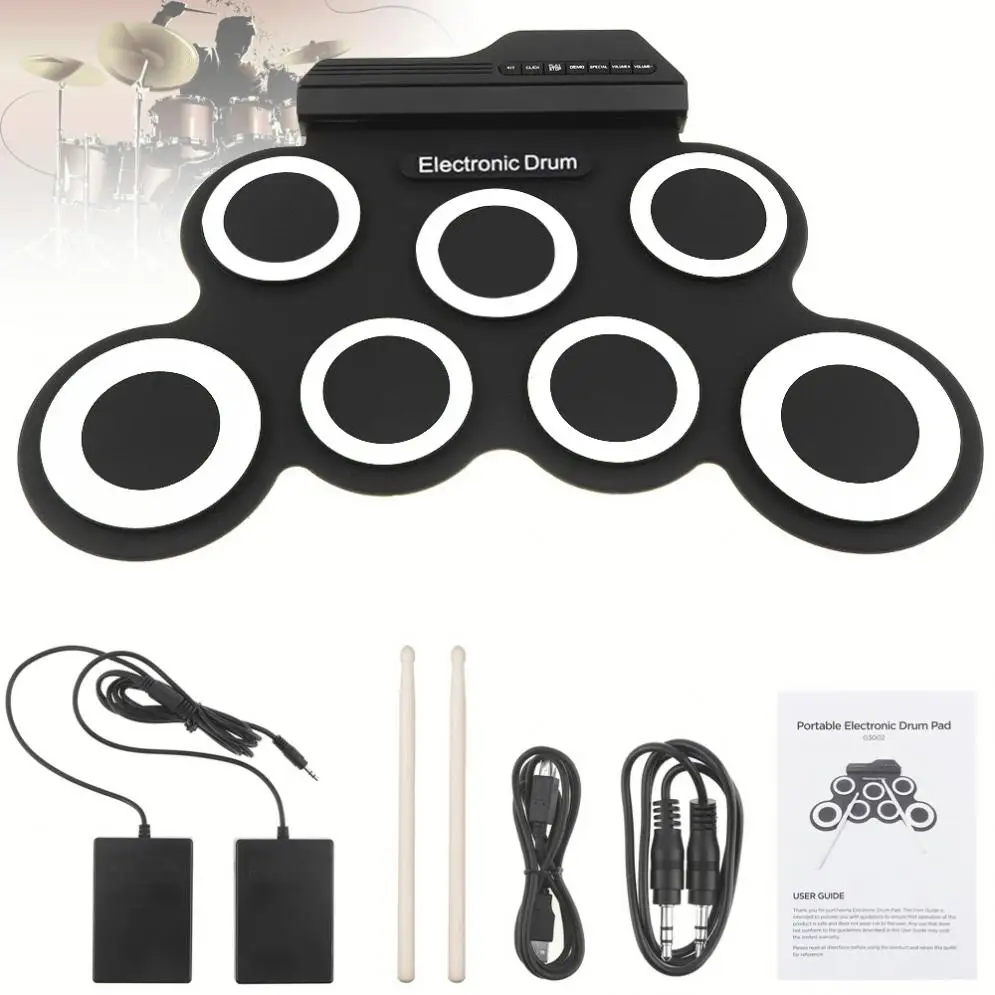 

Portable DC 5V Electronic Digital USB 7 Pads Roll up Set Silicone Electric Drum Kit with Drumsticks and Sustain Pedal