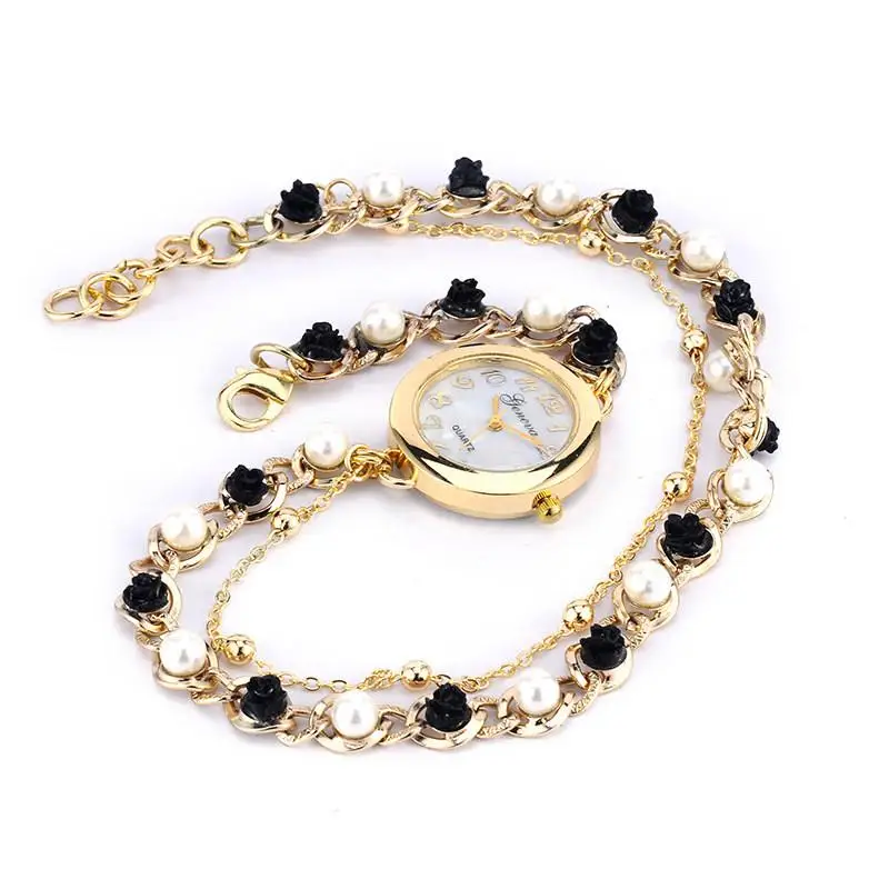 Women Faux Pearl Flower Chain Bracelet Wrist Analog Quartz Dial Watch
