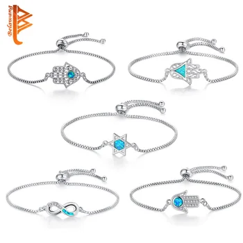 

Fashion Geometric Adjustable Chain Link Bracelet With Blue Opal Zircon Crystal Eye Hamsa Hand Infinity Charm Bracelets For Women