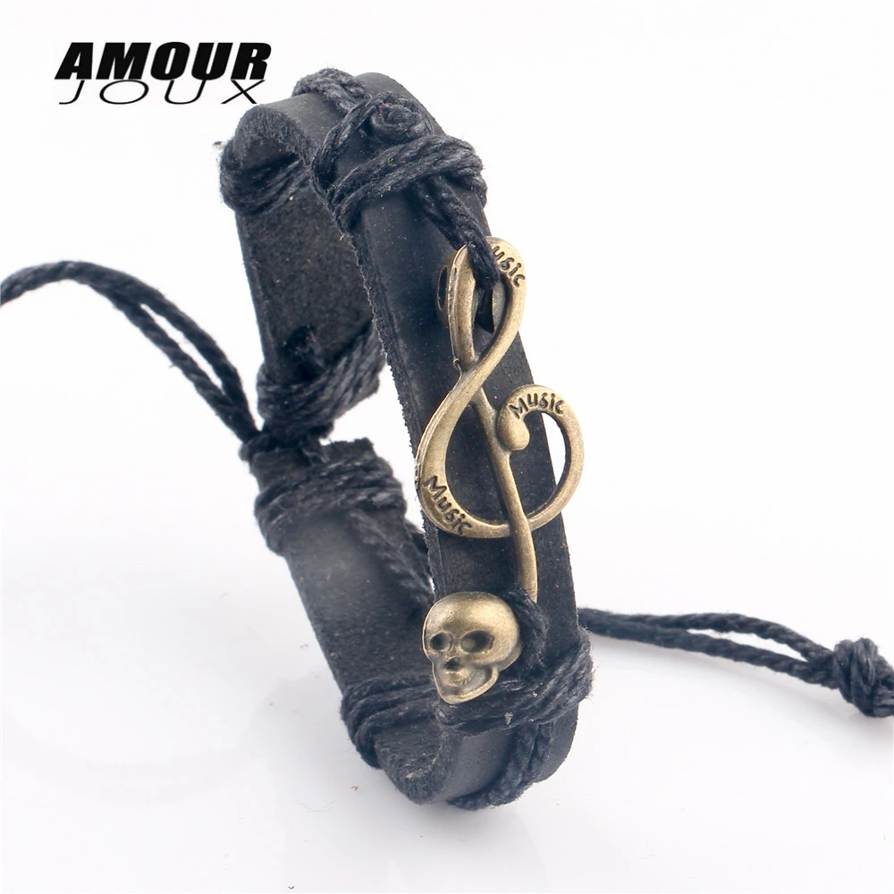 

AMOURJOUX Punk Music Note Skull Charm Black Leather Bracelets & Bangles For Women Men Adjustable Rope Length Bracelet