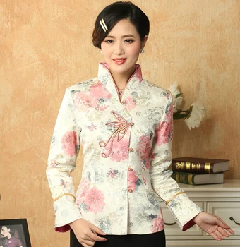 

Spring Autumn Elegant White Flower Coat Chinese Female Cotton Jacket Handmade Button Outwear S M L XL XXL XXXL M-14