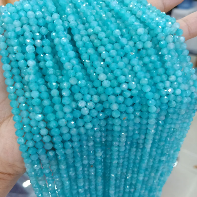 

2mm 3mm 4mm Faceted Natural Blue Amazonite Stone Beads Round Loose Gem Stone Beads For Jewelry Making DIY Bracelet & Necklace