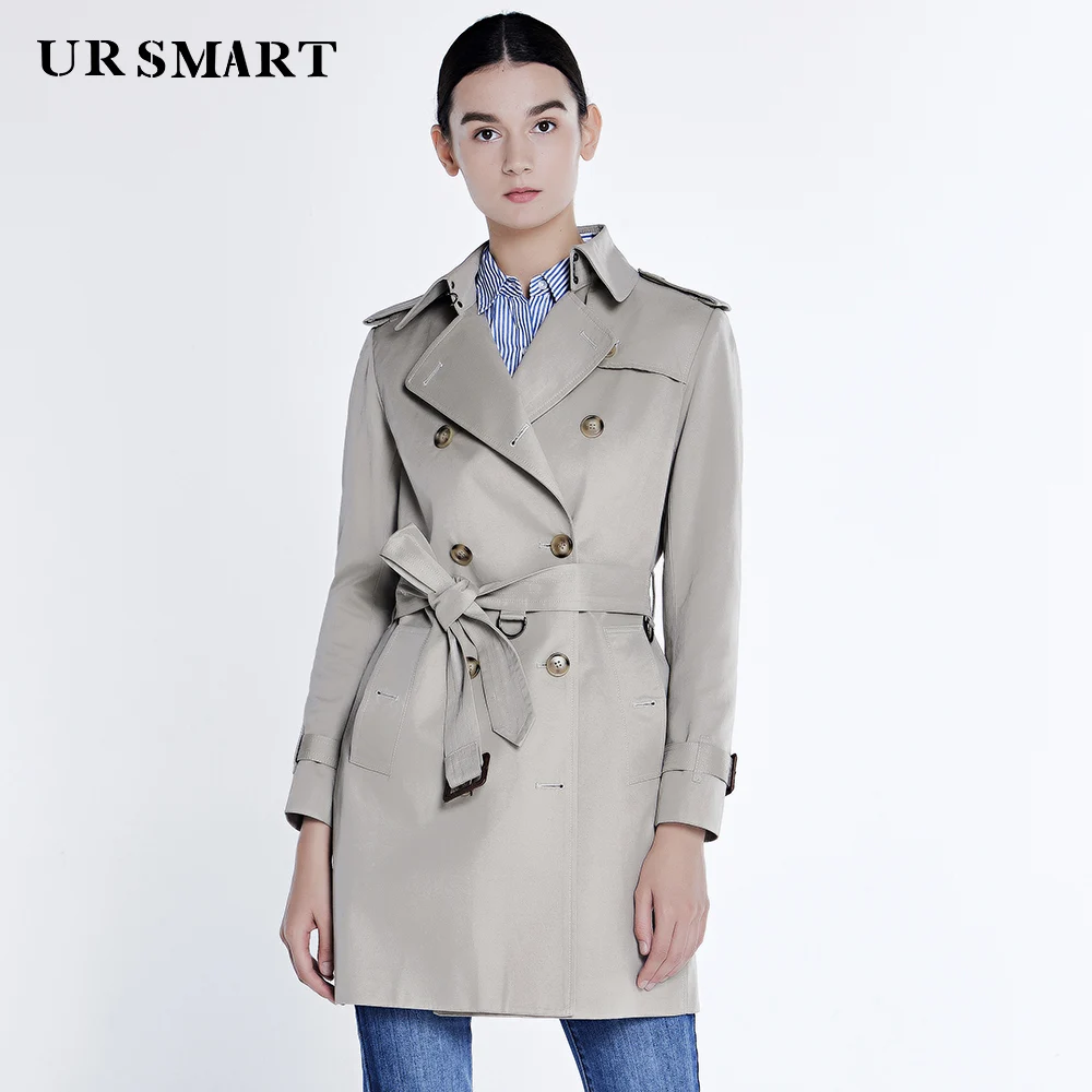 URSMART осеннее пылевое пальто растет в женских двойных двубортных талии британская леди ветровка серое пальто dus