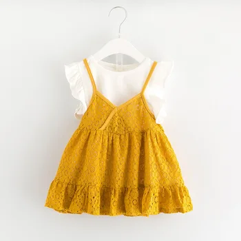 

Summer Baby Girl Dress Korean Children's Short Sleeve T-shirts Lace Hollowed Out Dresses Two Pieces 2-6 Years YY1360