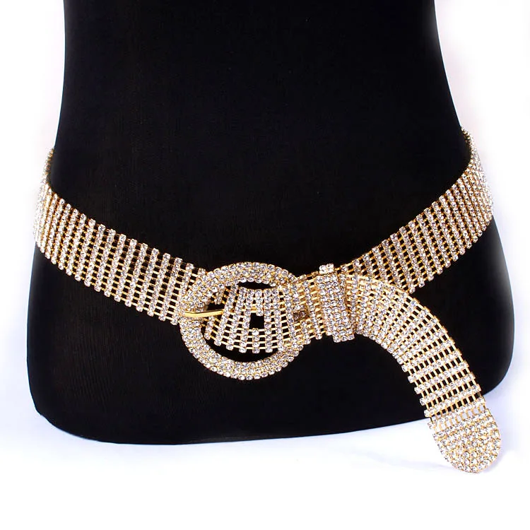Luxury Women Classy Crystal 10 Row gold Rhinestone Hip Waist Belt