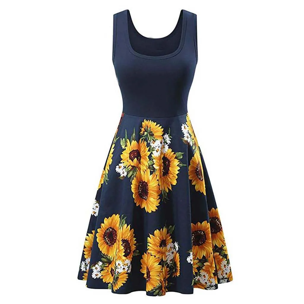 

Sleeveless bohemian dress summer O Neck summer dresses and sundresses Vintage Elegant Sunflower A-Line dress woman sukienka #G6