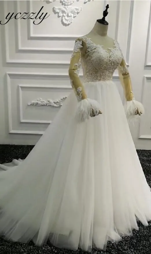 as picture Vestido De Noiva, сексуальное бальное платье, аппликационные Жемчужины для кружева, свадебные платья большого размера, с длинными рукавами, страуса, свадебное платье - Цвет: as picture