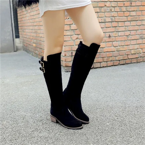 

2015 New Hot Sale Fashion Woman Round Toe Flock Cuban Mid Heel Slip on Buckle Knee High Boots Shoes Plus Size Black Gray Beige