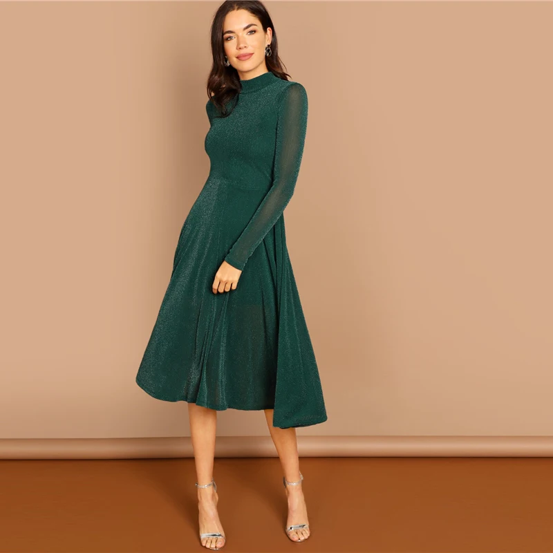 SHEIN Блестящее Платье Клёш Со Стоячим Воротником, Стильное Платье С Прозрачными Рукавами, Платье С Блестками