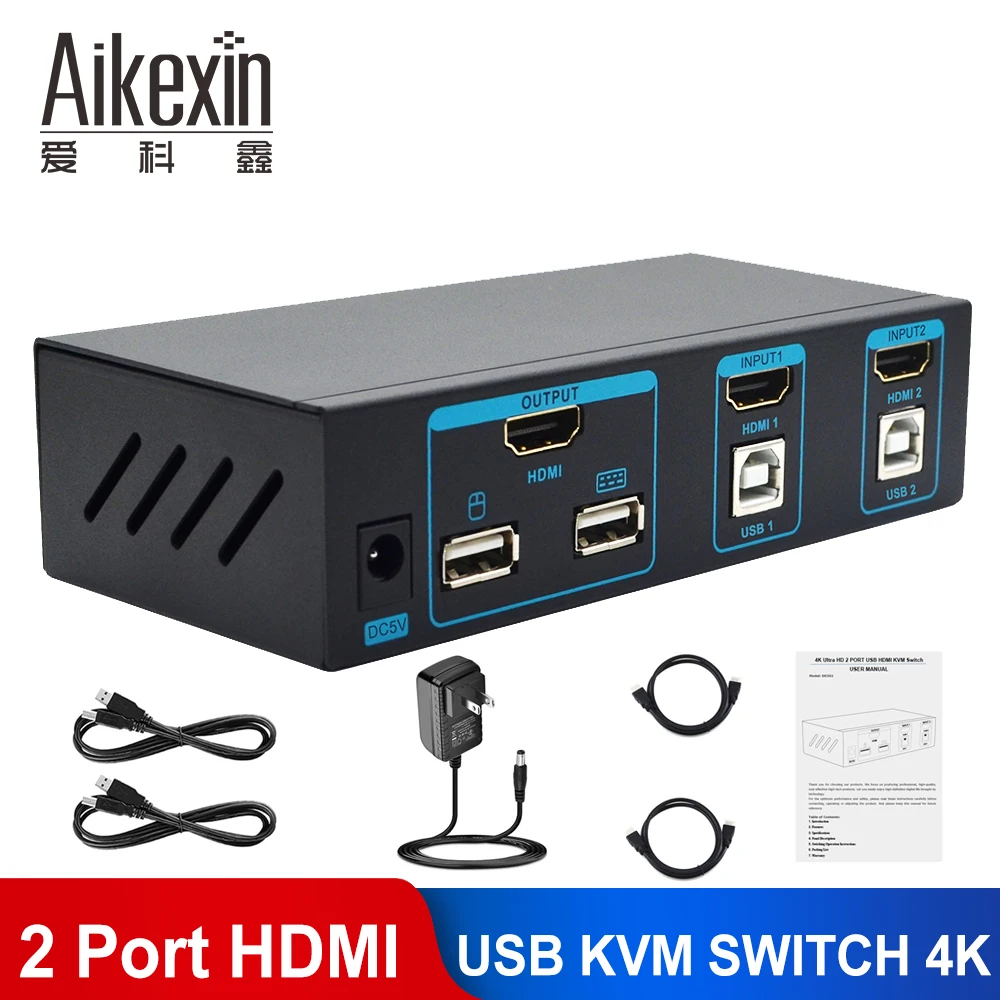 Aikexin 2x1 USB KVM переключатель HDMI KVM переключатель 2 Порты и разъёмы USB переключатель 2 в 1 из ручного коммутатор с USB поддержка кабелей 4 K x 2 K 1080 p 3D