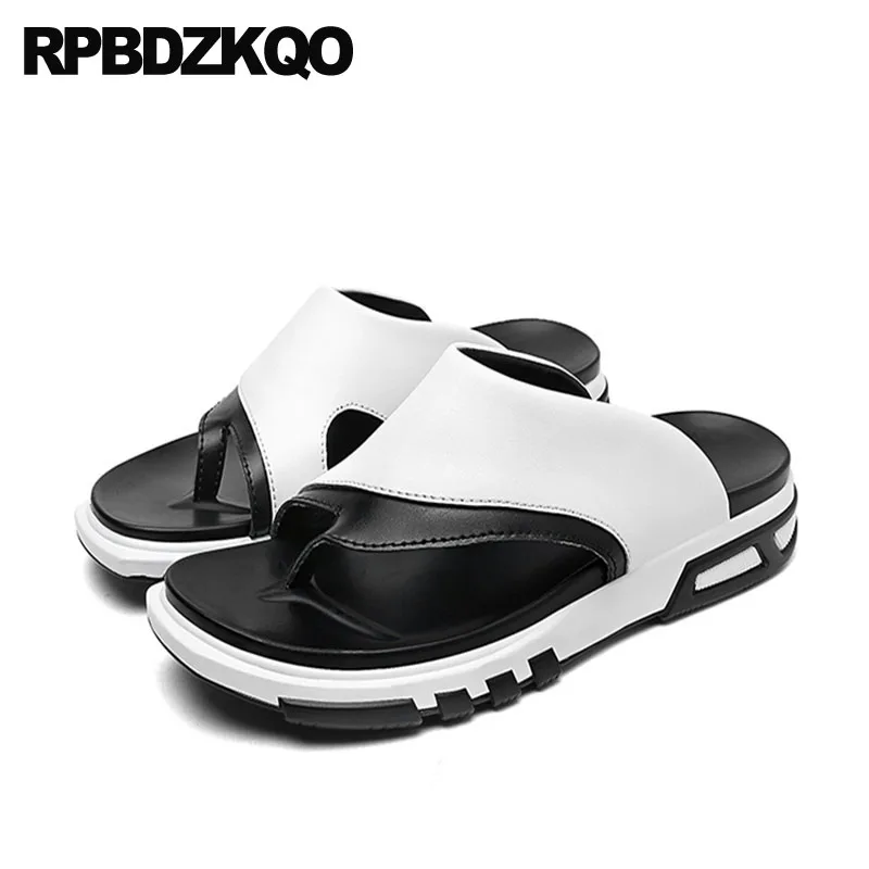 

white summer designer shoes men high quality genuine leather luxury slippers toe loop black slip on open sandals slides flat