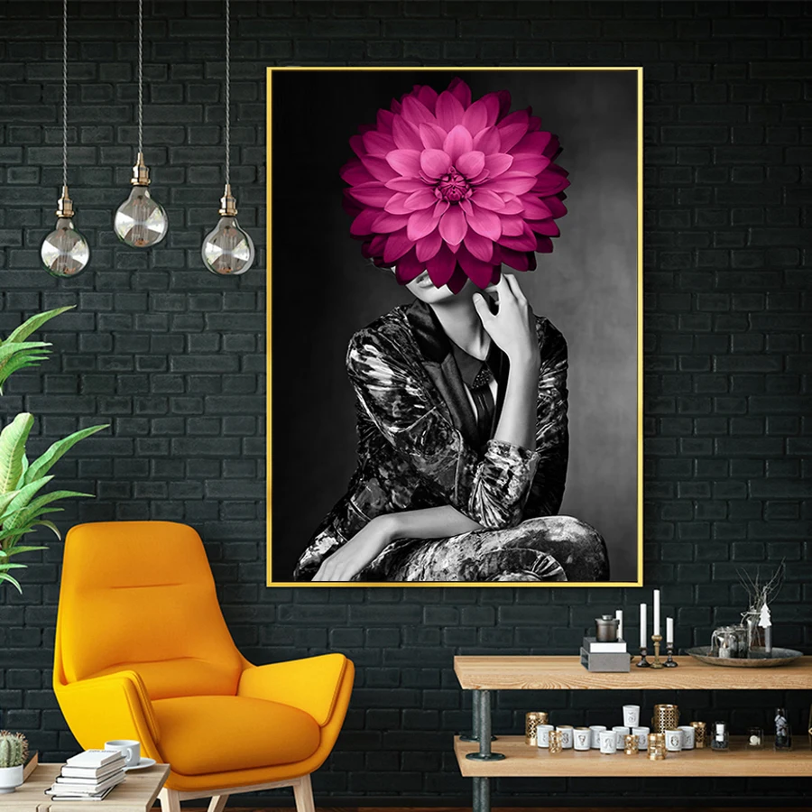 

Abstract Figure Wall Art Pictures Beautiful Woman Canvas Painting Black and White Flower Girl Posters and Prints Home Art Decor