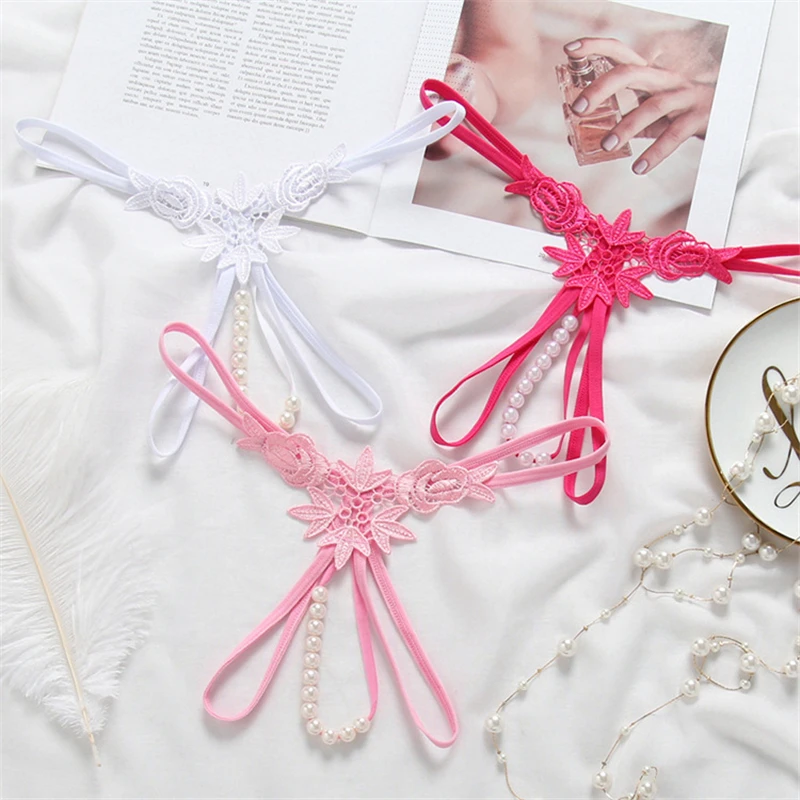 4pcsset Sexy Women Thongs Pearl Massage Lingerie Crotchless Women's Briefs With Beads Lace Transparent Underwear Open Crotch 00 (7)