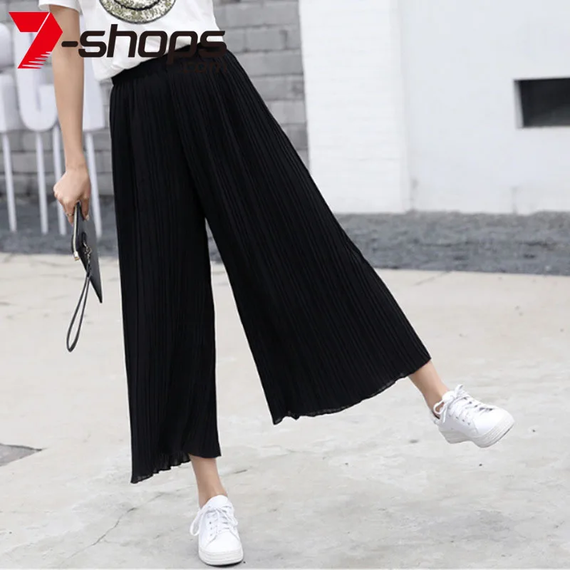 AECU Women Pant Pleated Wide Leg Solid Color Pant Female High Waist Thin Chiffon Plus Size Casual Ladies Culottes Trousers AECU Women Pant Pleated Wide Leg Solid Color Pant Female High Waist Thin Chiffon Plus Size Casual Ladies Culottes Trousers